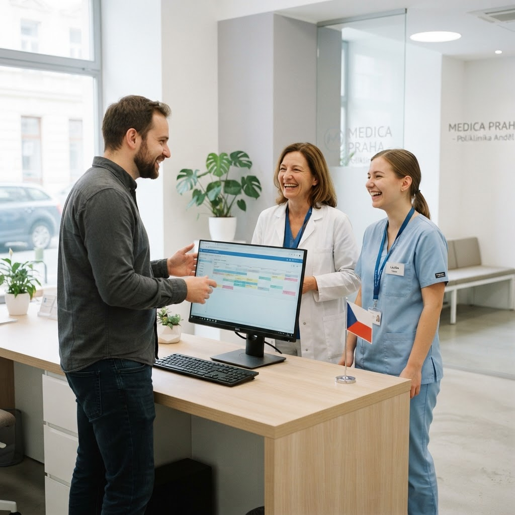 IT technik pomáhá usměvavé lékařce a sestře s počítačem v moderní ordinaci